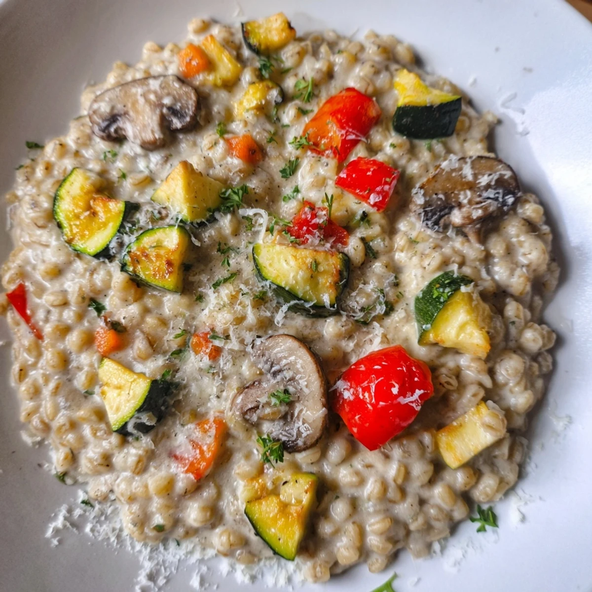 Golden roasted vegetables atop a bowl of creamy pearled barley, a delicious and balanced vegetarian meal.