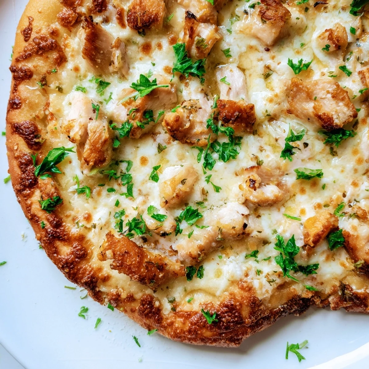 Freshly baked Chicken Alfredo Pizza shows golden, bubbly cheese and tender chicken on a crispy crust.
