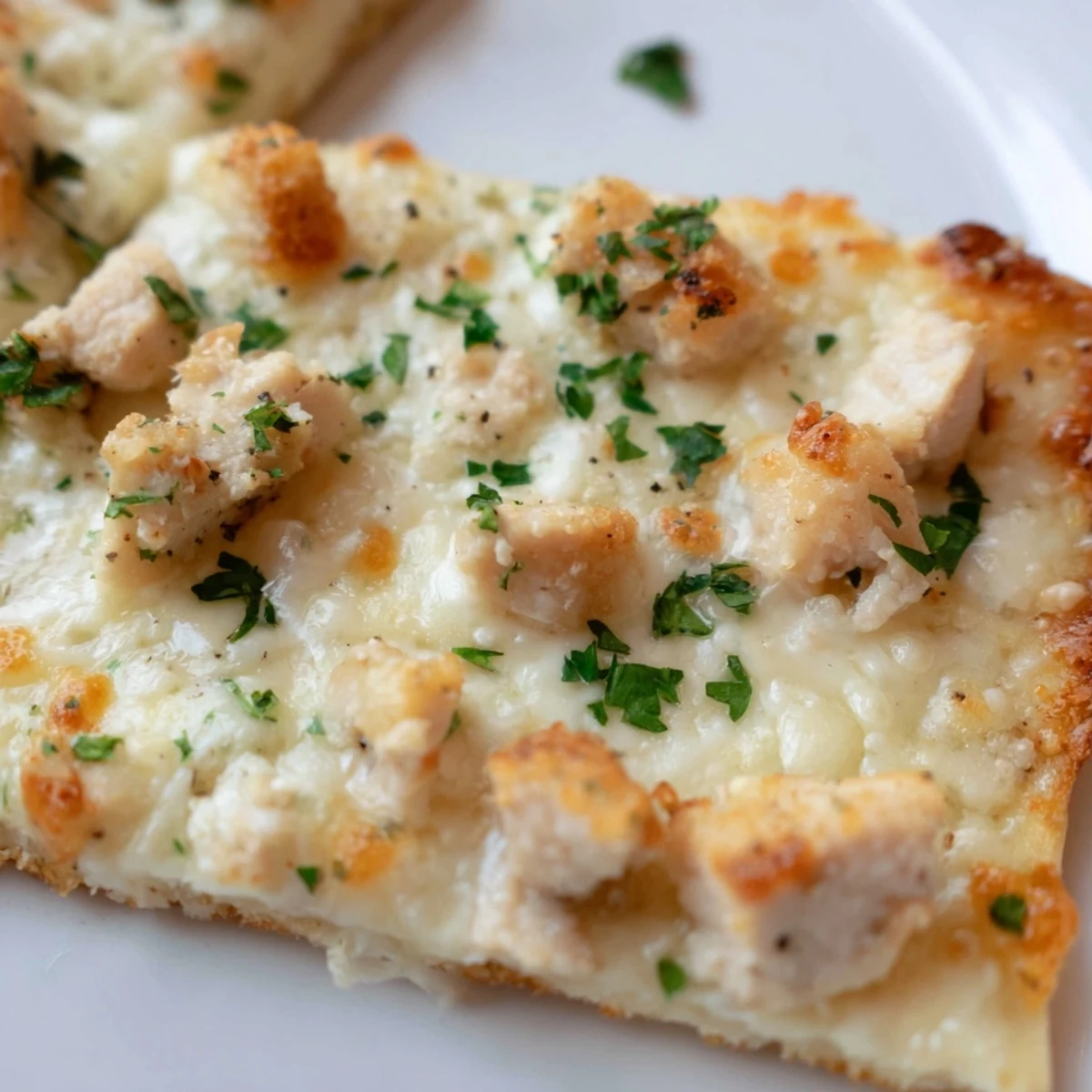 Close-up of Chicken Alfredo Pizza with creamy white sauce, melted mozzarella, and parsley garnish.