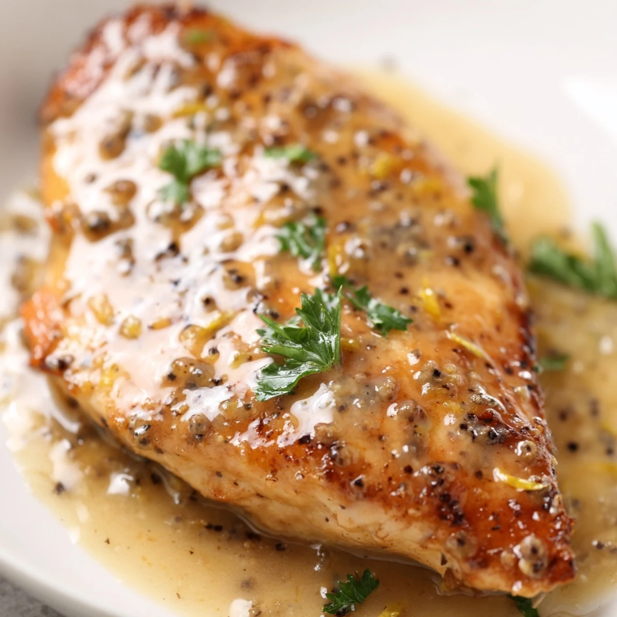 Golden-brown Lemon Pepper Chicken breasts glistening with zesty lemon-butter sauce in a skillet.  