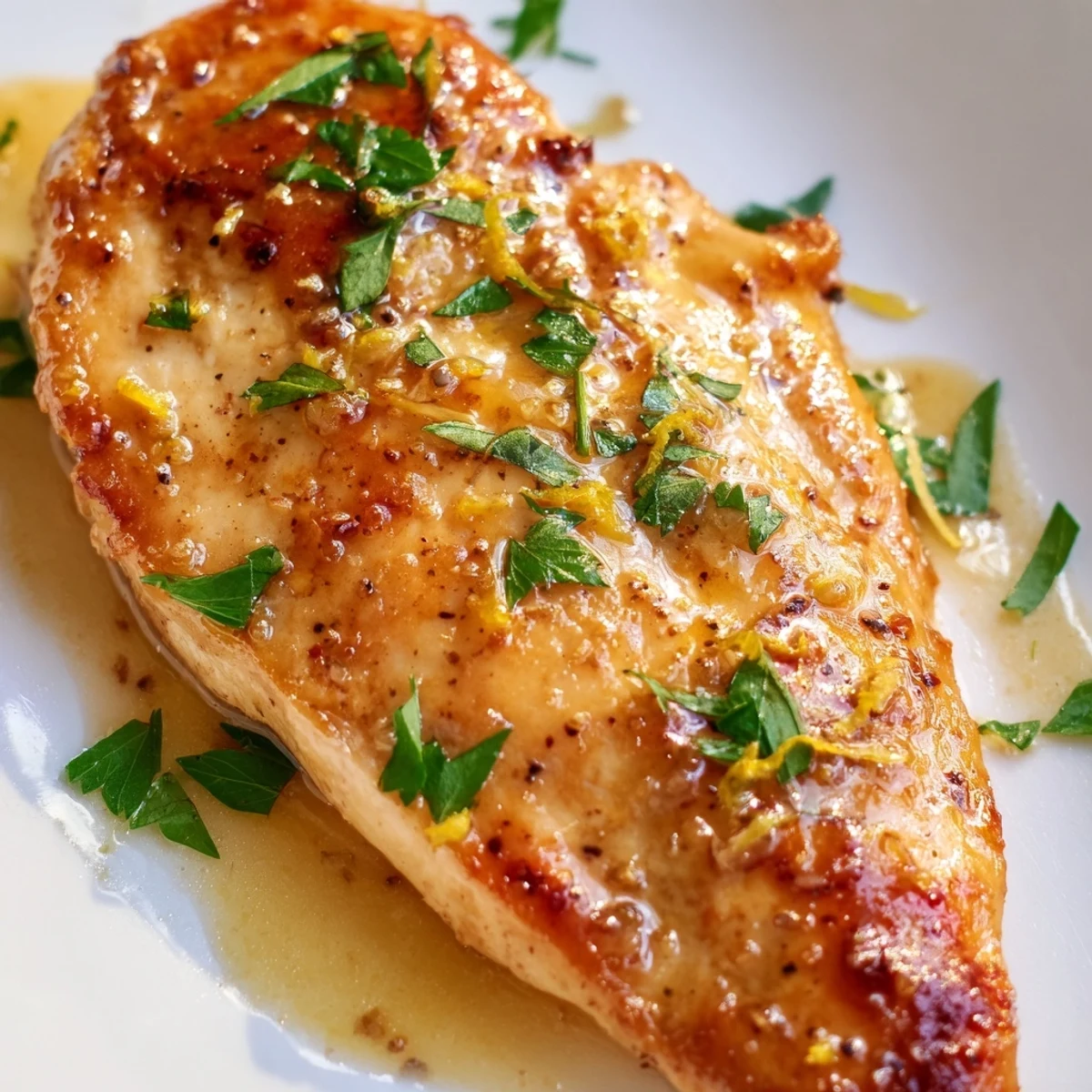 Pan-seared Lemon Pepper Chicken served over creamy mashed potatoes with fresh parsley garnish.  