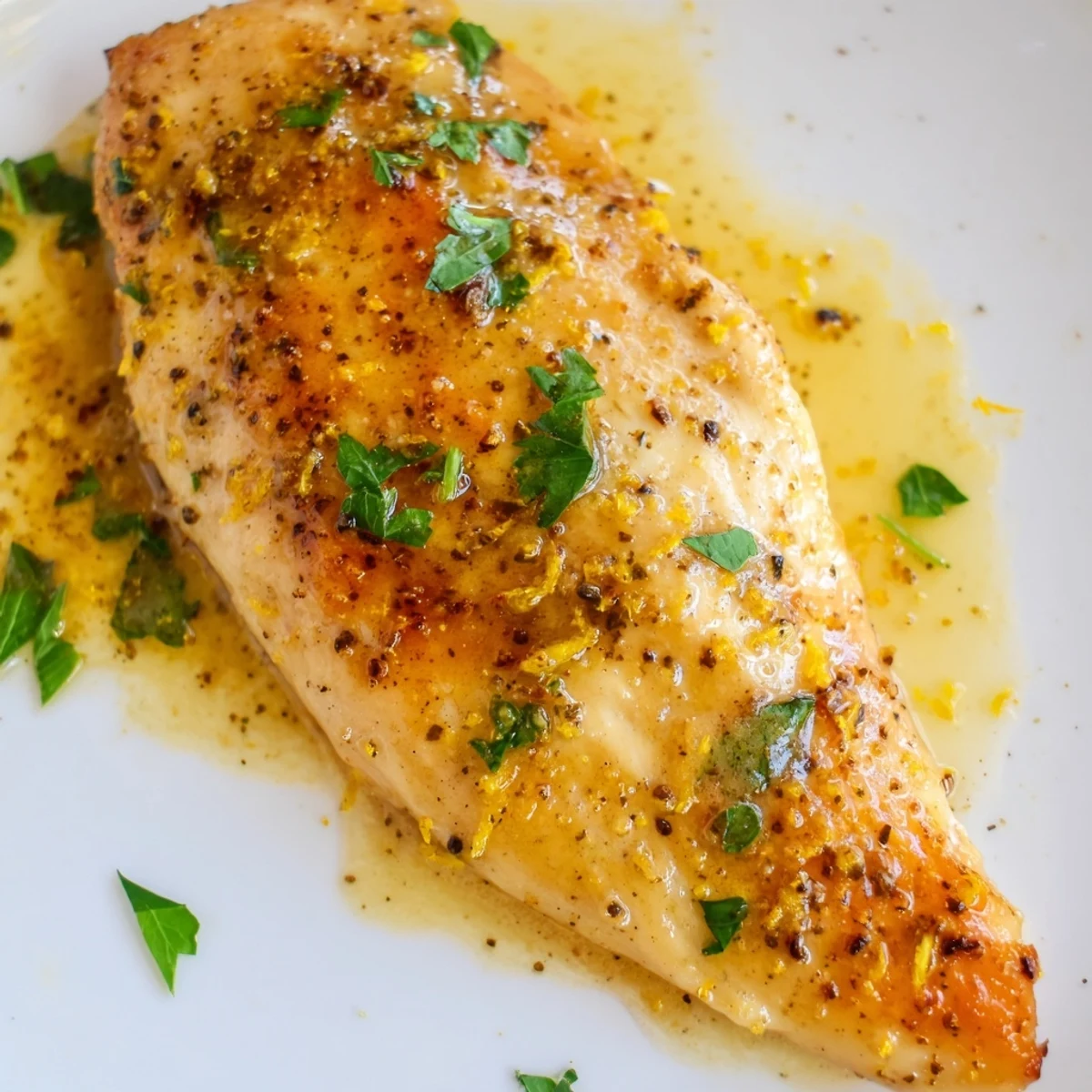 Sizzling Lemon Pepper Chicken breast drizzled with vibrant lemon-pepper butter sauce, ready to serve.