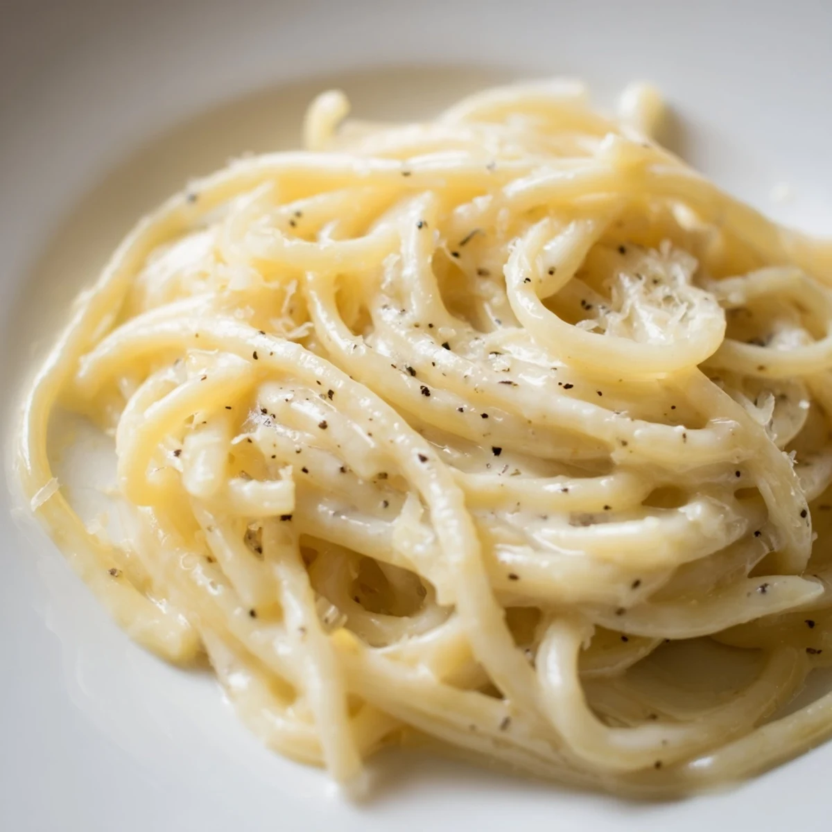 Steaming Spaghetti Cacio e Pepe is twirled in a large skillet, glistening with a creamy Pecorino Romano and black pepper sauce.