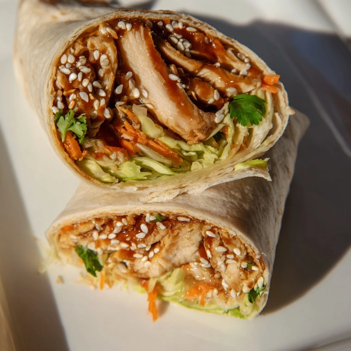 Savory glazed chicken strips fill a soft tortilla with crisp cabbage, carrots, and sesame seeds in this teriyaki chicken wrap.