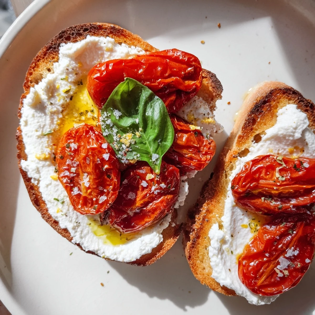 Crispy sourdough topped with creamy whipped ricotta and sweet roasted cherry tomatoes, garnished with fresh basil and a drizzle of olive oil.