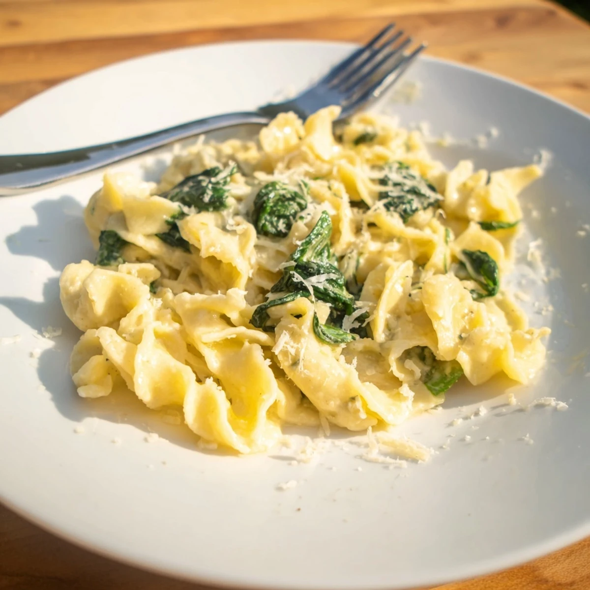 Garnished Creamy Spinach Garlic Noodles ready to serve, paired with a glass of crisp white wine and rustic bread on the side.