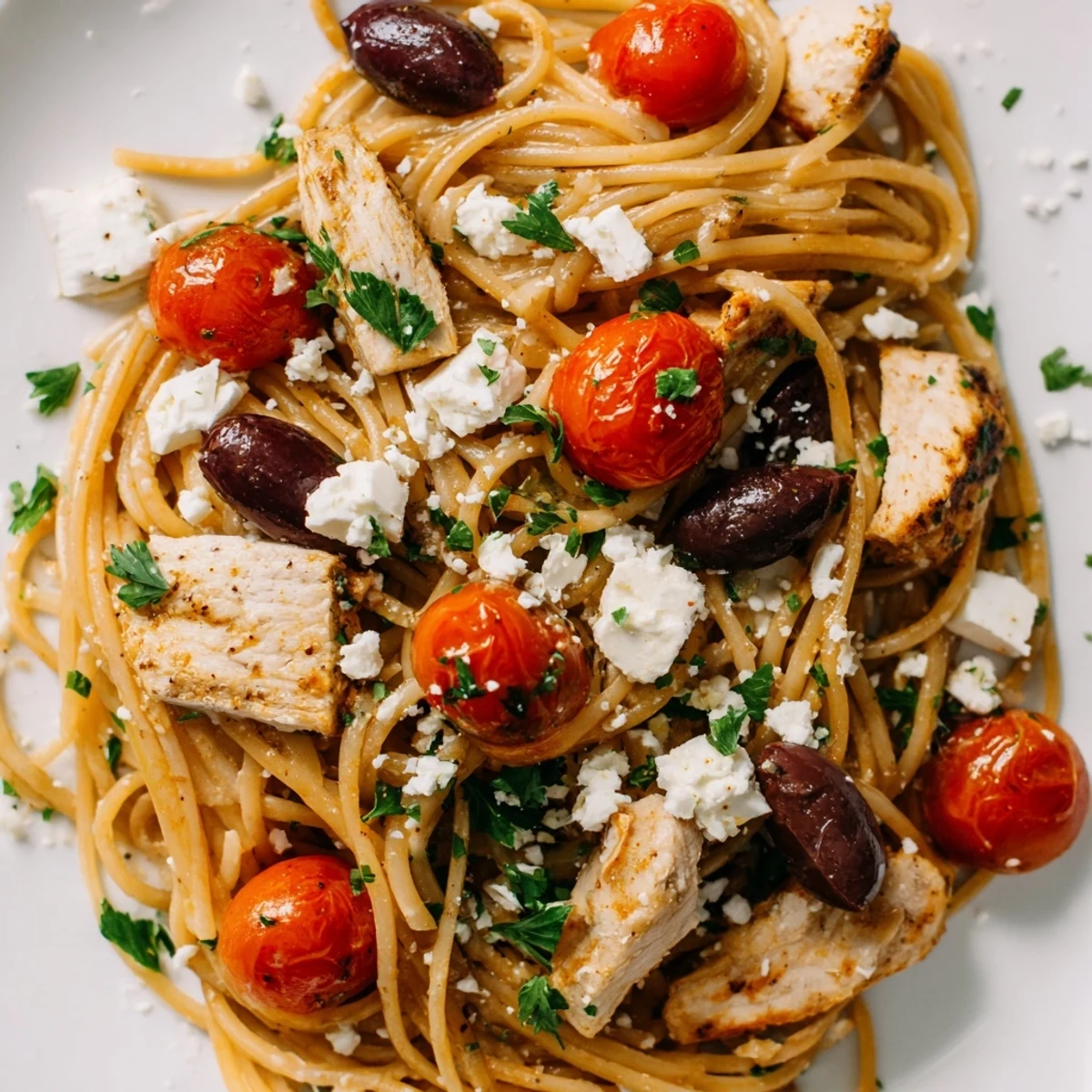 Grilled chicken slices, cherry tomatoes, and crumbled feta cheese tossed with al dente spaghetti in a skillet.