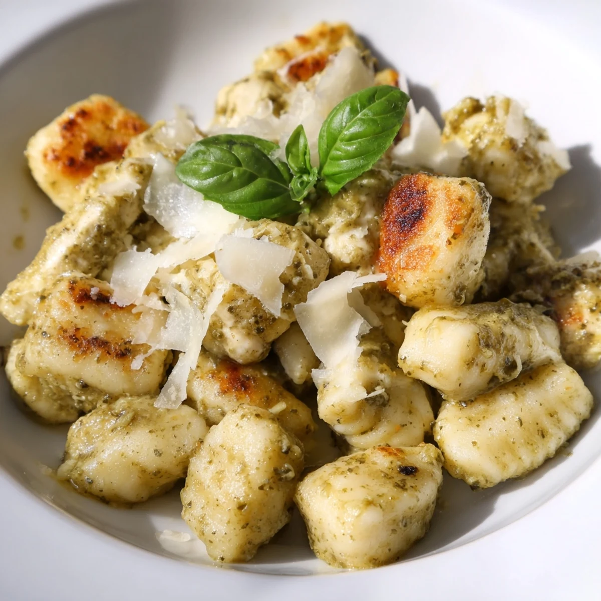 A close-up of crispy gnocchi and tender chicken tossed in a creamy pesto sauce, steaming slightly as it’s served in a rustic white bowl.