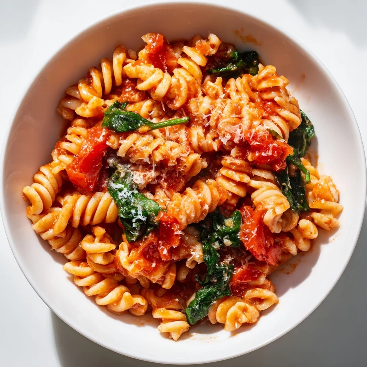 Bright, steamy Tomato Spinach One-Pot Rotini in a rustic bowl, garnished with fresh basil and grated Parmesan.  