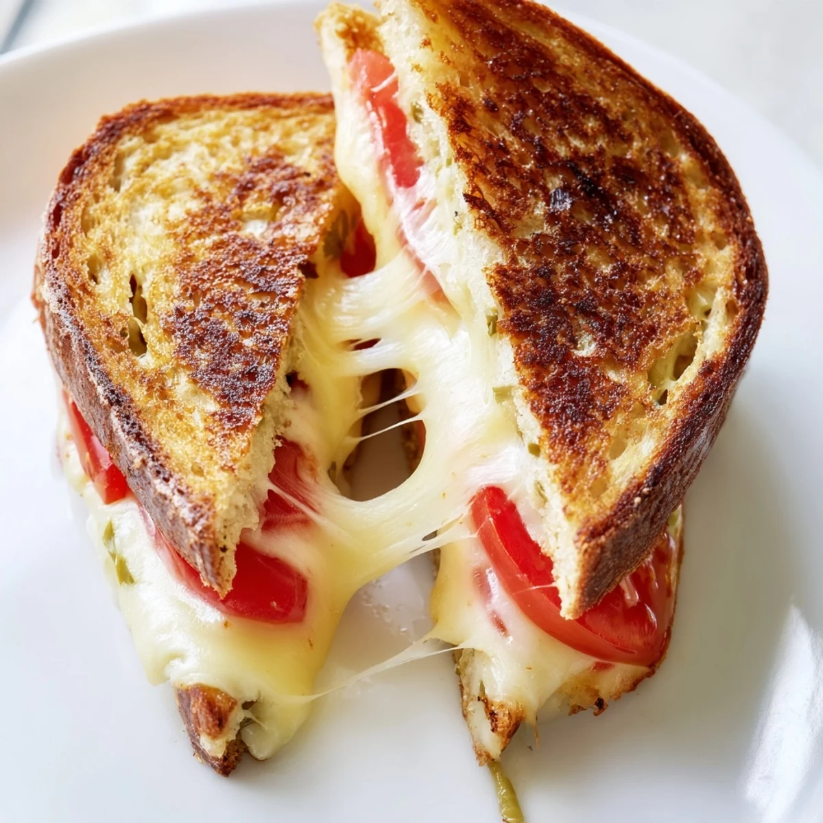 Golden-brown Pepper Jack & Tomato Grilled Cheese, oozing melted cheese and juicy tomato slices.