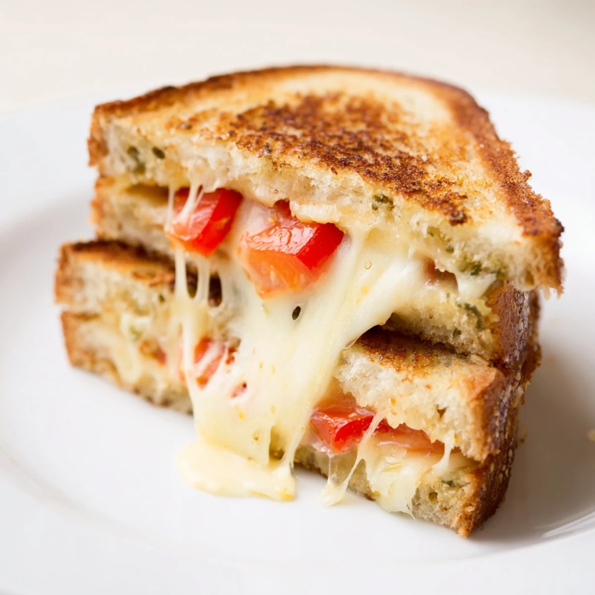 Sizzling Pepper Jack & Tomato Grilled Cheese in a skillet, buttery crust with a spicy kick.