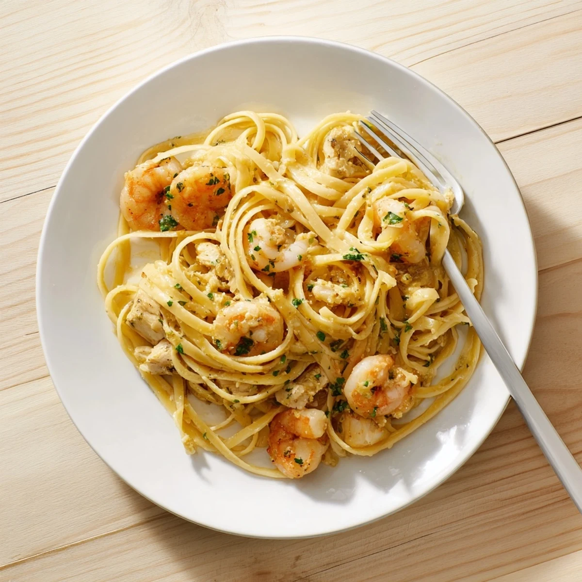 Bright, steaming Lemon Garlic Shrimp & Chicken Pasta in a skillet, featuring golden-seared chicken pieces and pink shrimp coated in a glossy, herb-flecked lemon butter sauce.