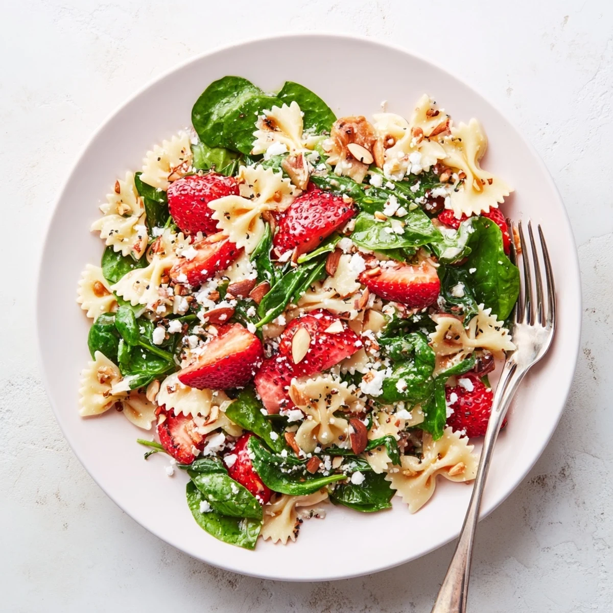 The vibrant Spring Spinach Strawberry Pasta Salad is tossed with fresh baby spinach, sweet strawberries, and crunchy almonds.