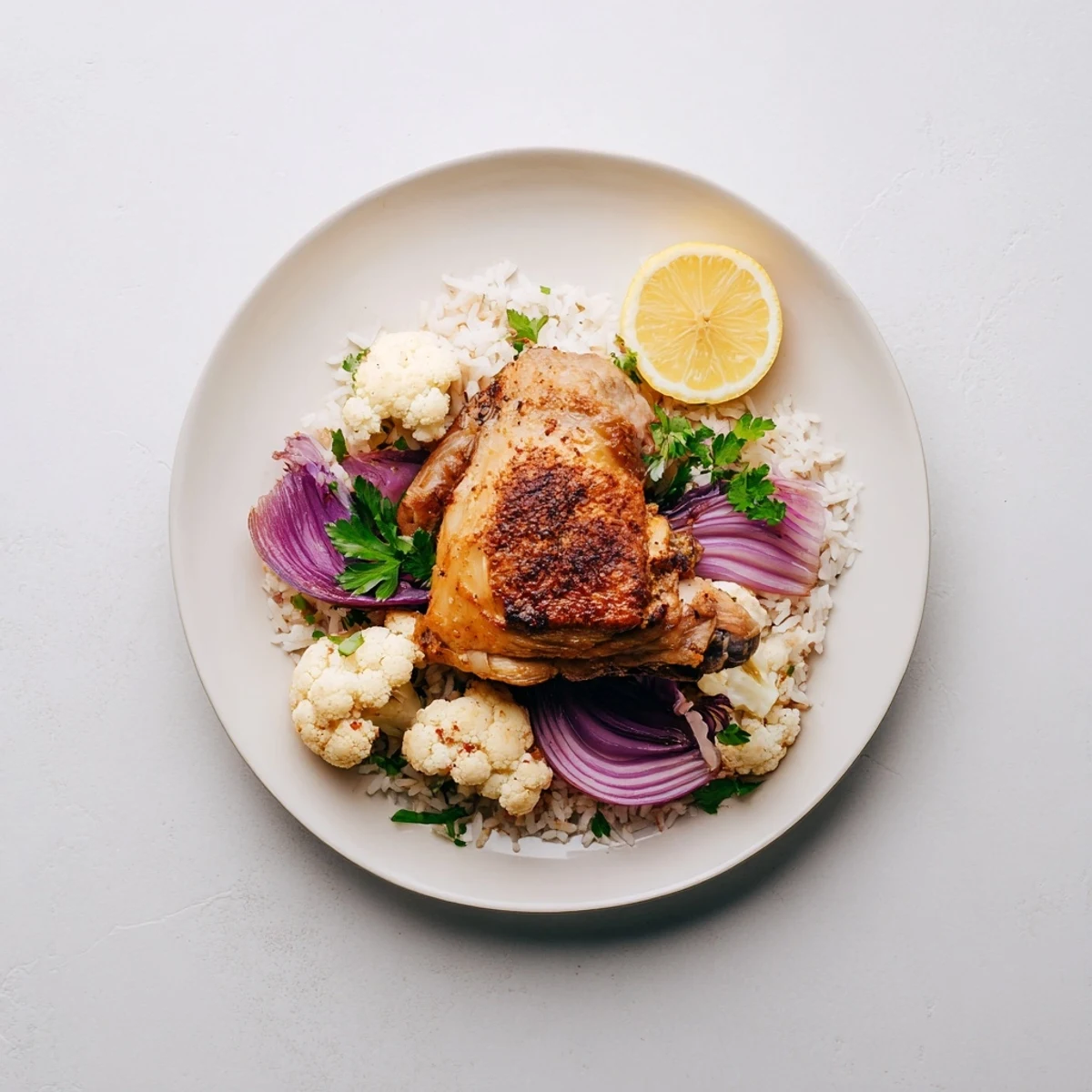 Golden roasted cauliflower and juicy chicken thighs seasoned with smoked paprika and cumin on a single sheet pan.