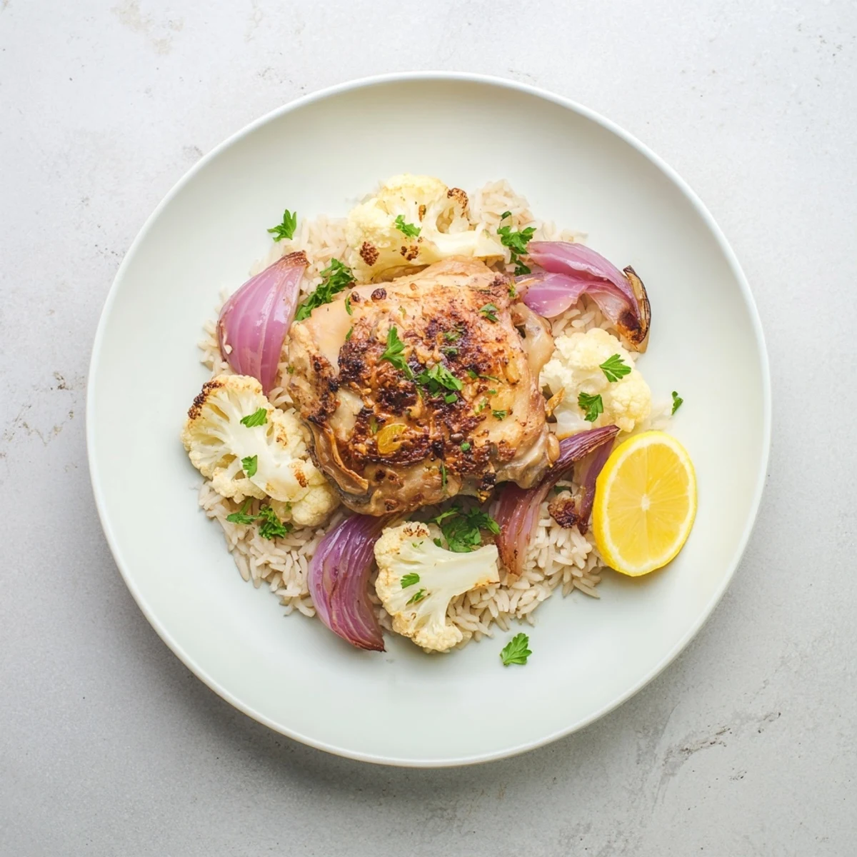 Succulent chicken and tender cauliflower florets roasted to perfection, served hot from the oven on a bed of jasmine rice.