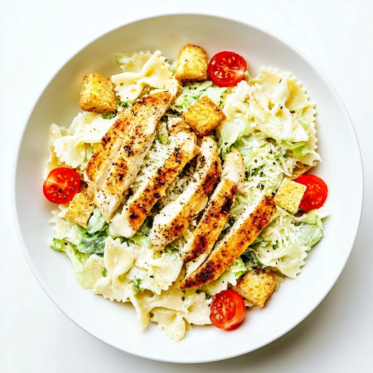 A close-up of a Caesar Pasta Chicken Bowl showing grilled chicken strips over pasta and crisp romaine with creamy dressing.