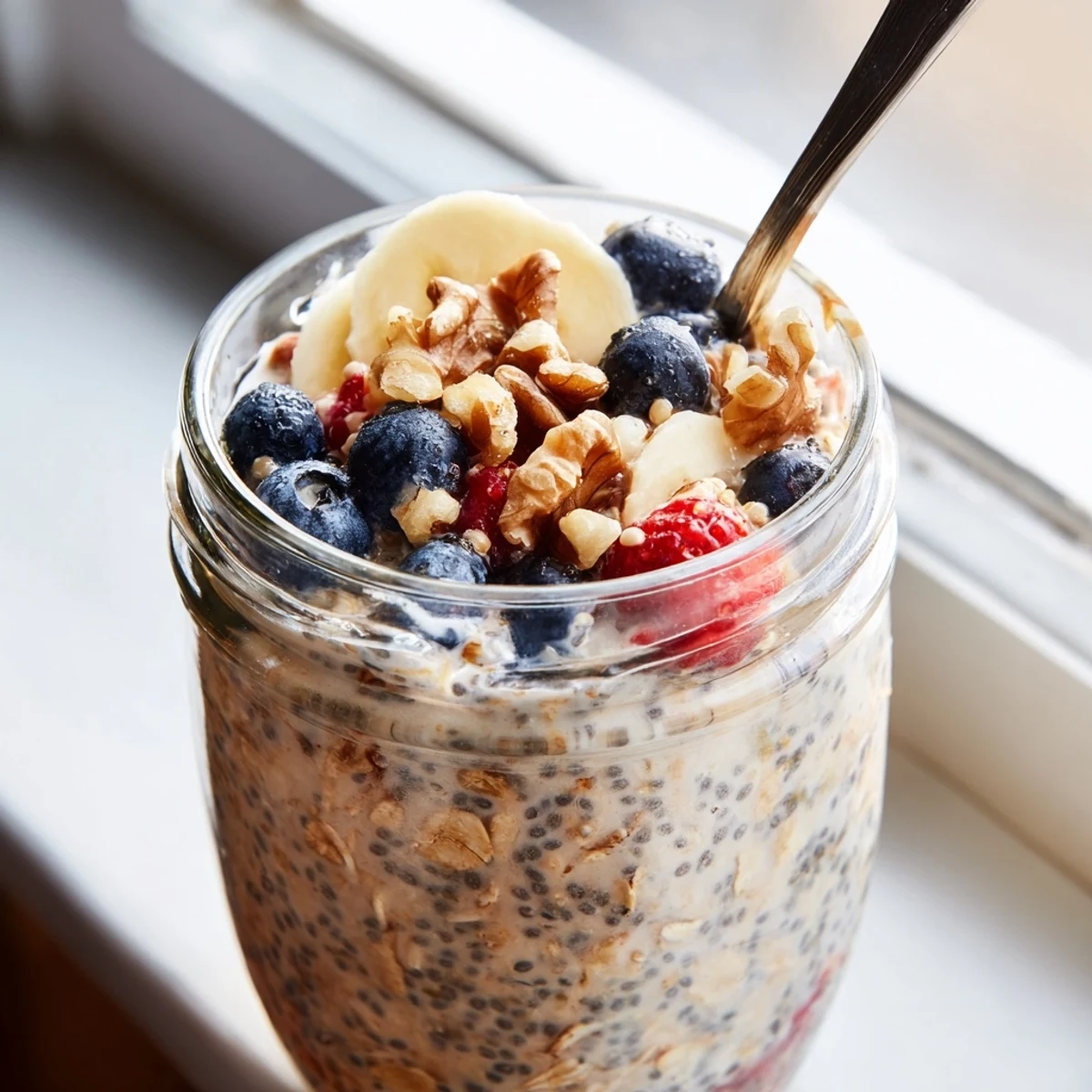 A close-up of Overnight Oats with Chia Seeds in a glass jar, topped with fresh berries, sliced banana, and a drizzle of nut butter for a creamy, nutritious breakfast.