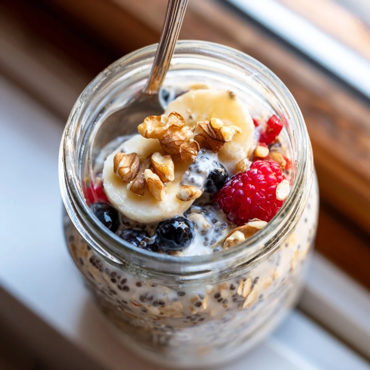 Overnight Oats with Chia Seeds topped with chopped almonds and a swirl of honey, showing a creamy, thick texture perfect for a quick, healthy morning meal.