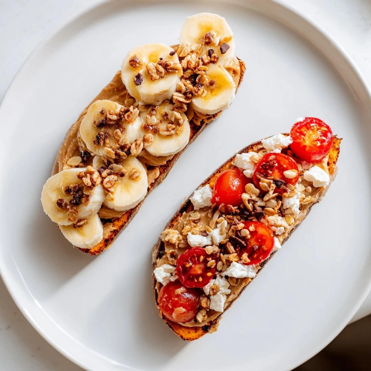 Golden roasted sweet potato slices topped with creamy avocado, halved cherry tomatoes, and fresh chives for a savory breakfast.  