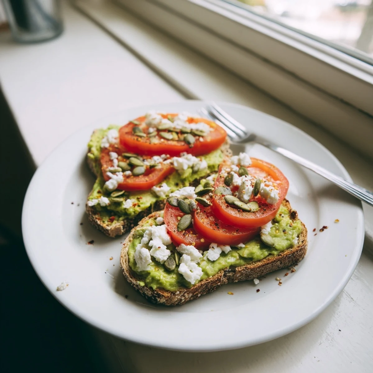 Creamy avocado mash seasoned with lemon, salt, and pepper piled onto toasted whole grain bread for a quick, healthy breakfast.