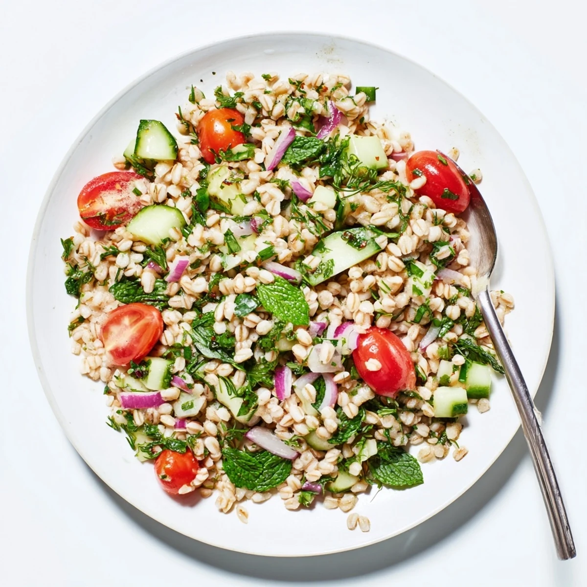 Cool and vibrant barley and herb salad garnished with fresh mint and parsley, served in a white bowl on a rustic wooden table.