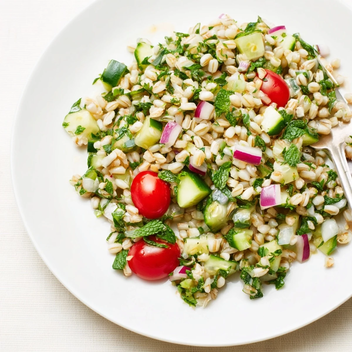 Mediterranean-style barley and herb salad tossed with crisp vegetables and fresh herbs, presented on a blue ceramic plate for a side dish.