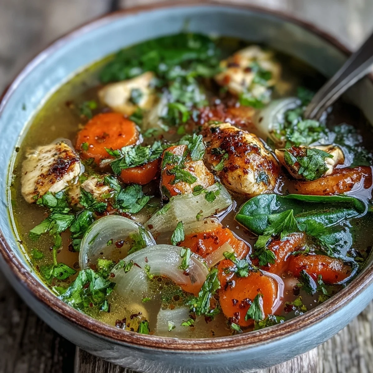 Nourishing Turmeric Chicken Soup, rich with vegetables and zesty lemon garnish.
