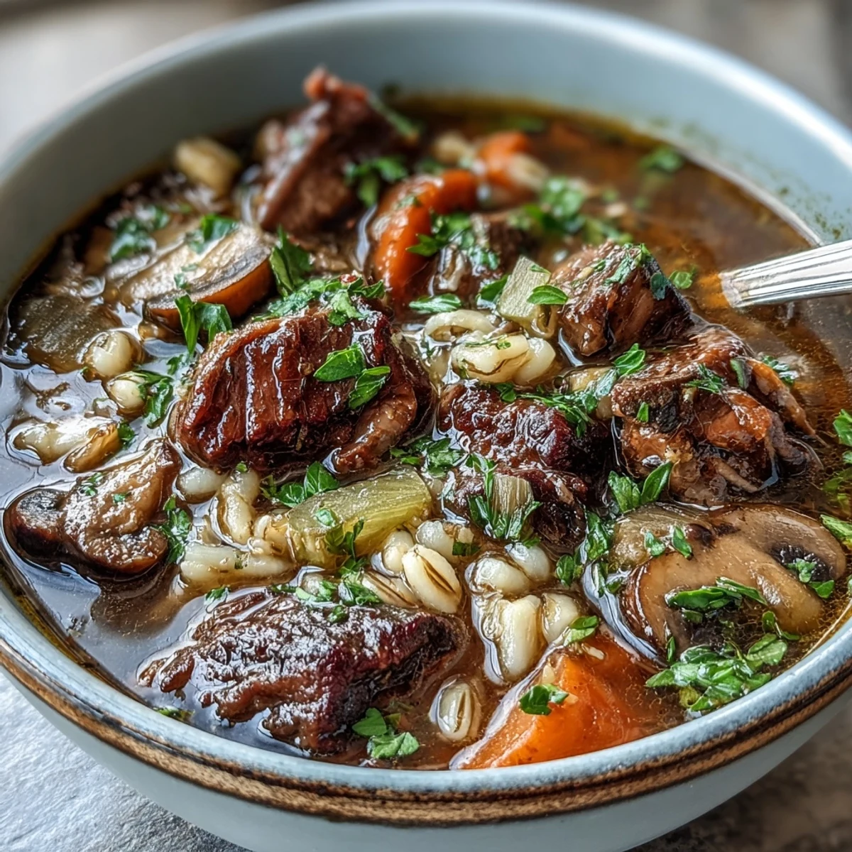 Hearty vegetable beef barley mushroom soup simmering in a rustic bowl, perfect comfort food.