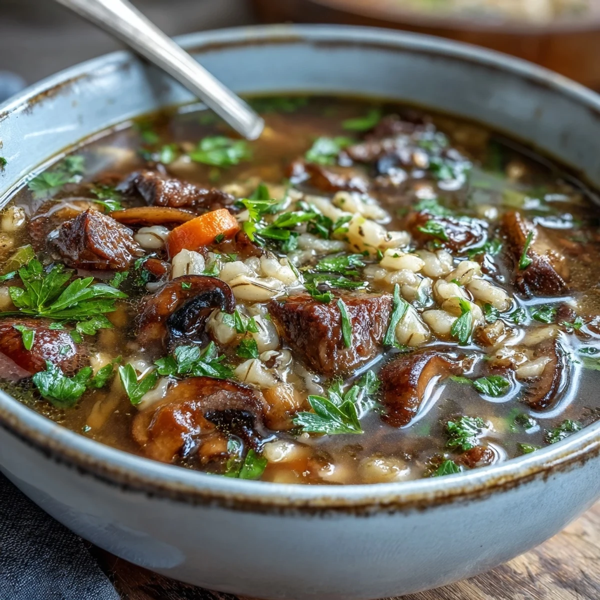Savory beef barley mushroom soup loaded with vegetables, ready to be served warm.