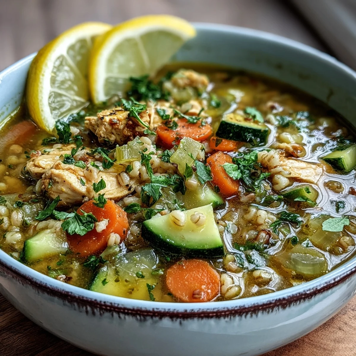 Golden Turmeric Chicken Barley soup, a comforting bowl with tender chicken and fluffy grains.