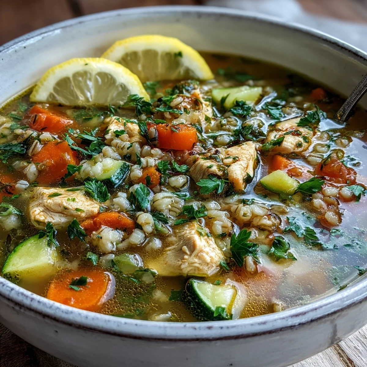 Soothing Turmeric Chicken Barley soup, showcasing vibrant golden broth and nourishing ingredients ready to serve.
