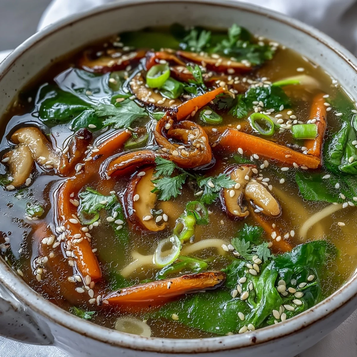 A restorative Miso Ginger Winter Soup bowl, highlighting fresh ginger and earthy mushrooms.