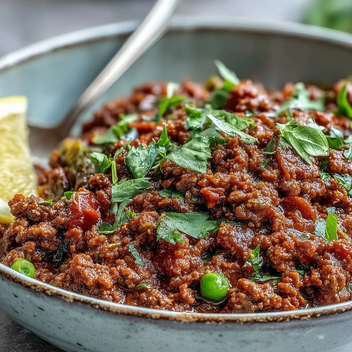 A steaming bowl of Venison Keema Curry garnished with fresh cilantro and lemon wedges, perfect over fluffy basmati rice for a cozy dinner.