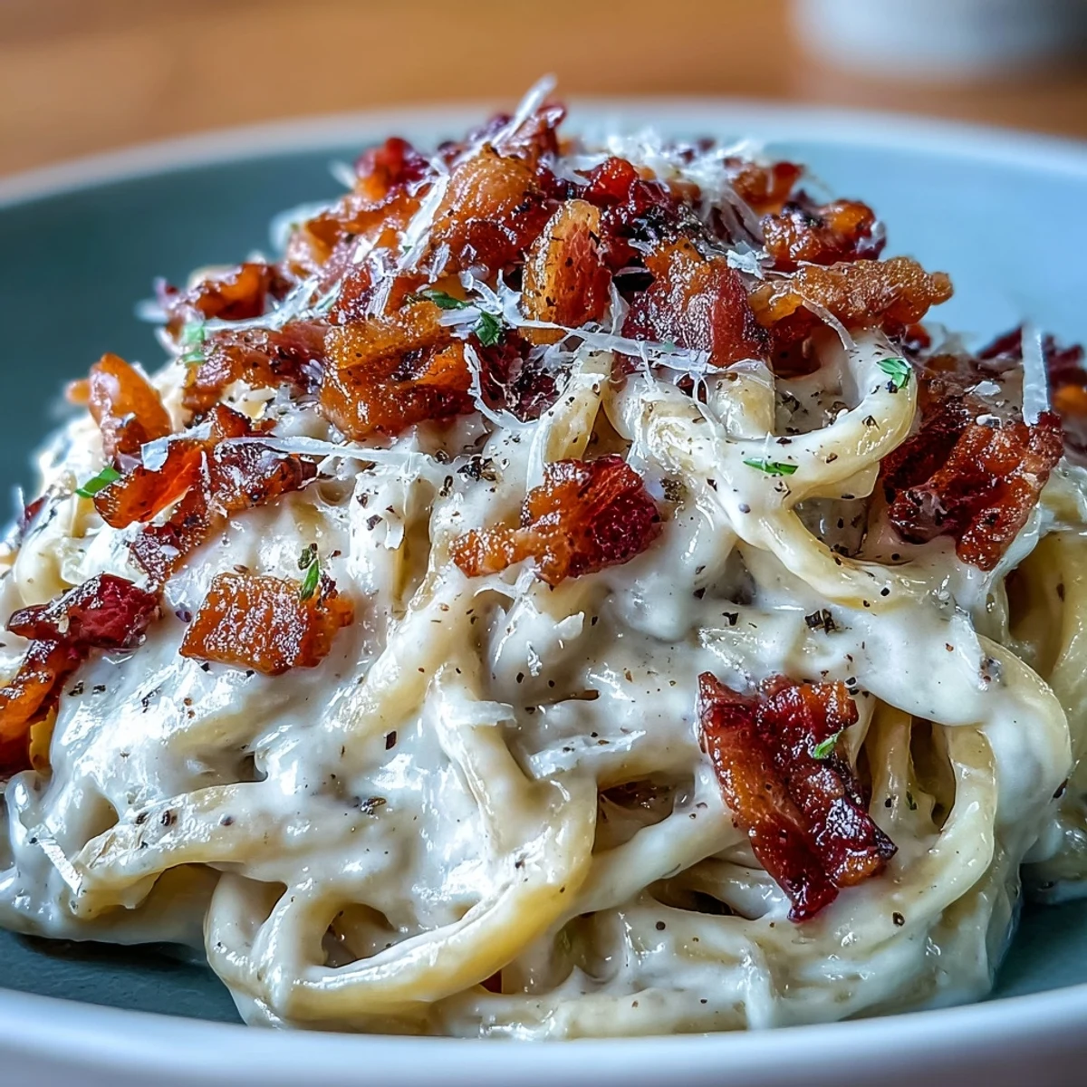 Steaming celeriac carbonara served in a white bowl with extra black pepper and grated Parmesan.