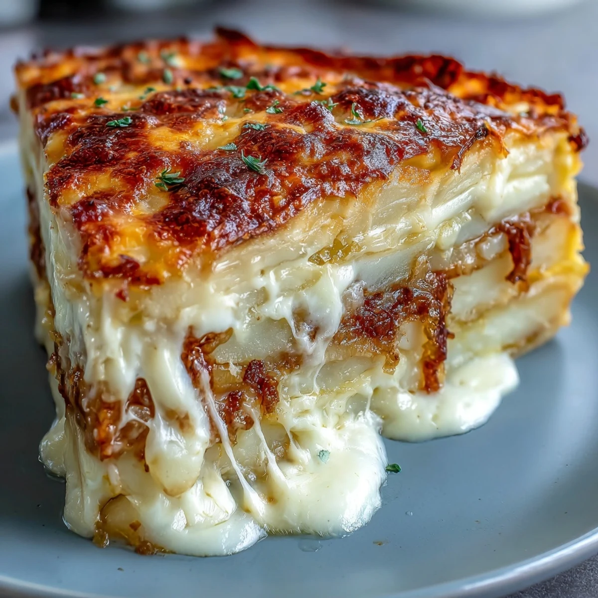 Sliced Cheese and Potato Pie reveals creamy potato layers and savory onions in a rich cheese sauce.