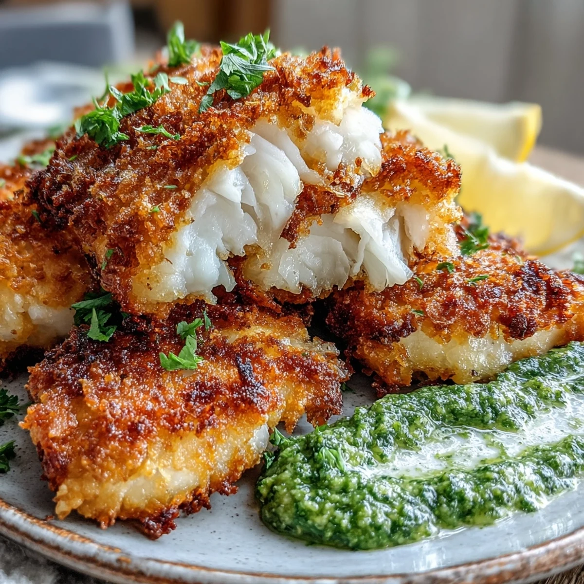 Golden-brown haddock goujons with a crispy Parmesan crust, paired with a vibrant green pea pesto and lemon wedges on a plate.