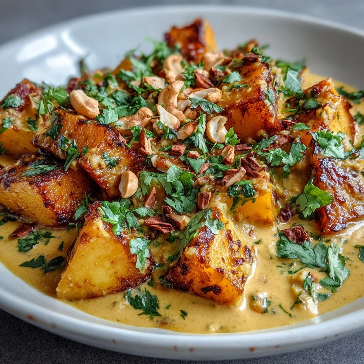 Vibrant Curried Celeriac dish featuring tender celeriac chunks tossed in a spiced curry sauce. A rich coconut base and fresh lime garnish make this vegetarian main course pop with color.