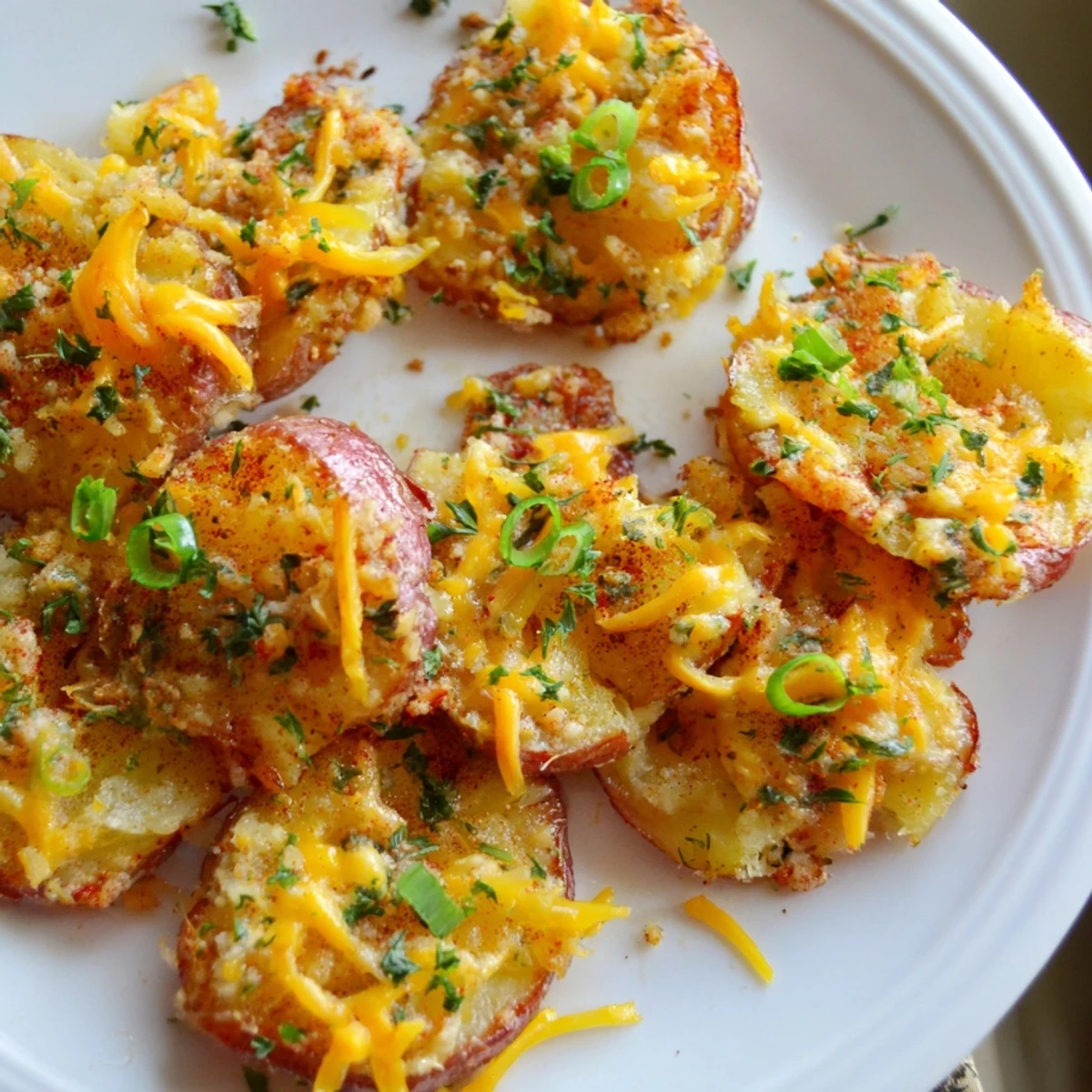 Crispy Smashed Green Onion Potato Bombs topped with melted cheddar and fresh herbs.  