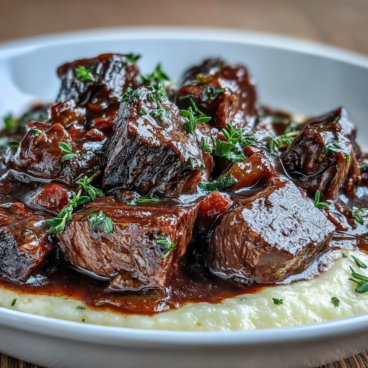 Tender venison stew with sloe gin simmers in a Dutch oven, its dark, glossy sauce ladled over creamy polenta for a hearty meal.