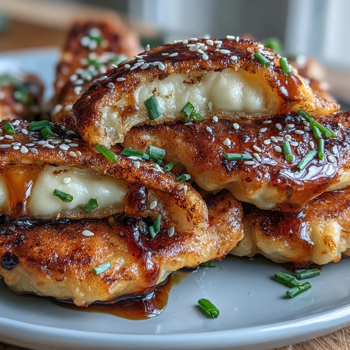 Freshly made Chīzu Imomochi appetizer, drizzled with savory glaze and garnished with green onions.