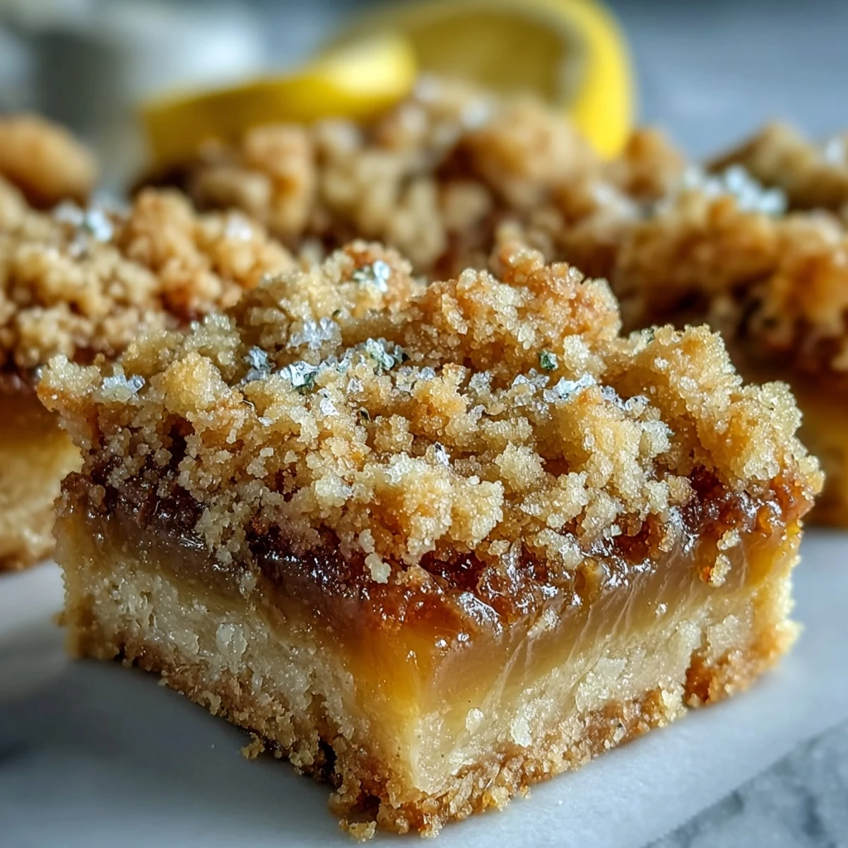Homemade Lemon Crumb Bars with golden crumbs over tangy lemon filling on a white plate.