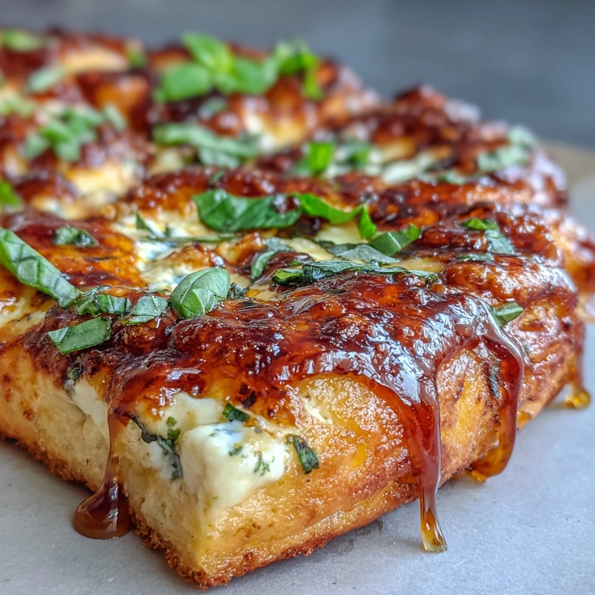 Freshly baked Hot Honey Ricotta Pizza with golden, crispy crust, creamy ricotta, and bubbling mozzarella, finished with spicy honey drizzle.