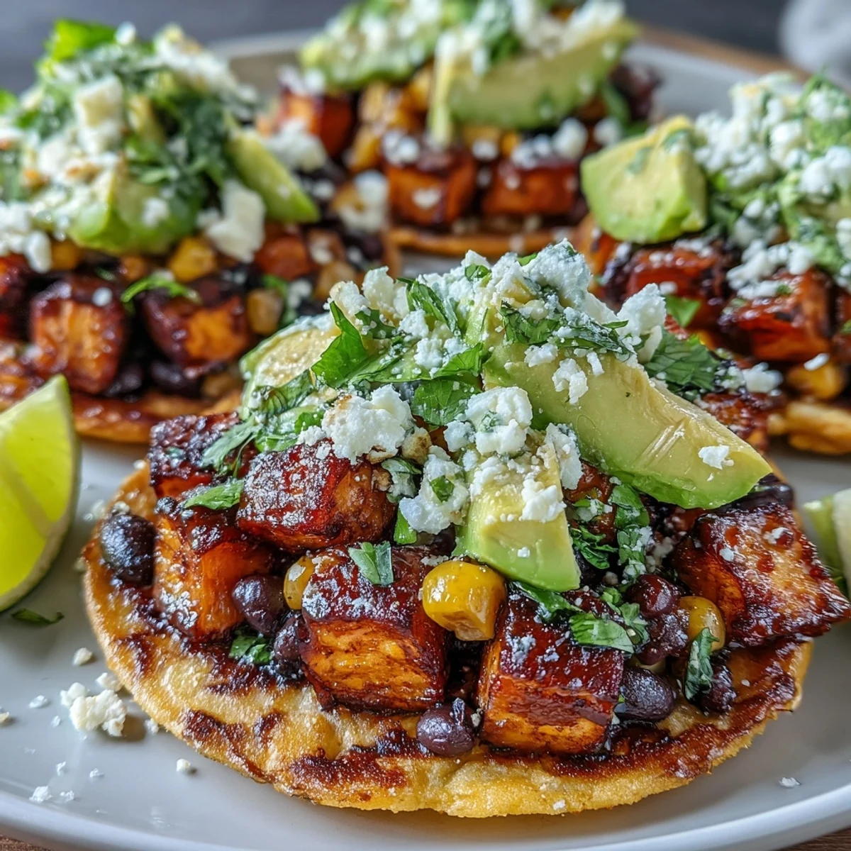 Crispy tostada shells topped with smoky roasted sweet potatoes and limey black beans. 