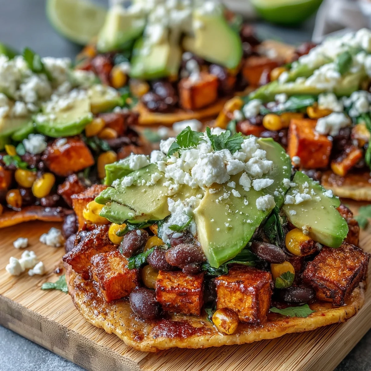 Vibrant vegetarian tostadas with black beans, corn, and crumbled feta.
