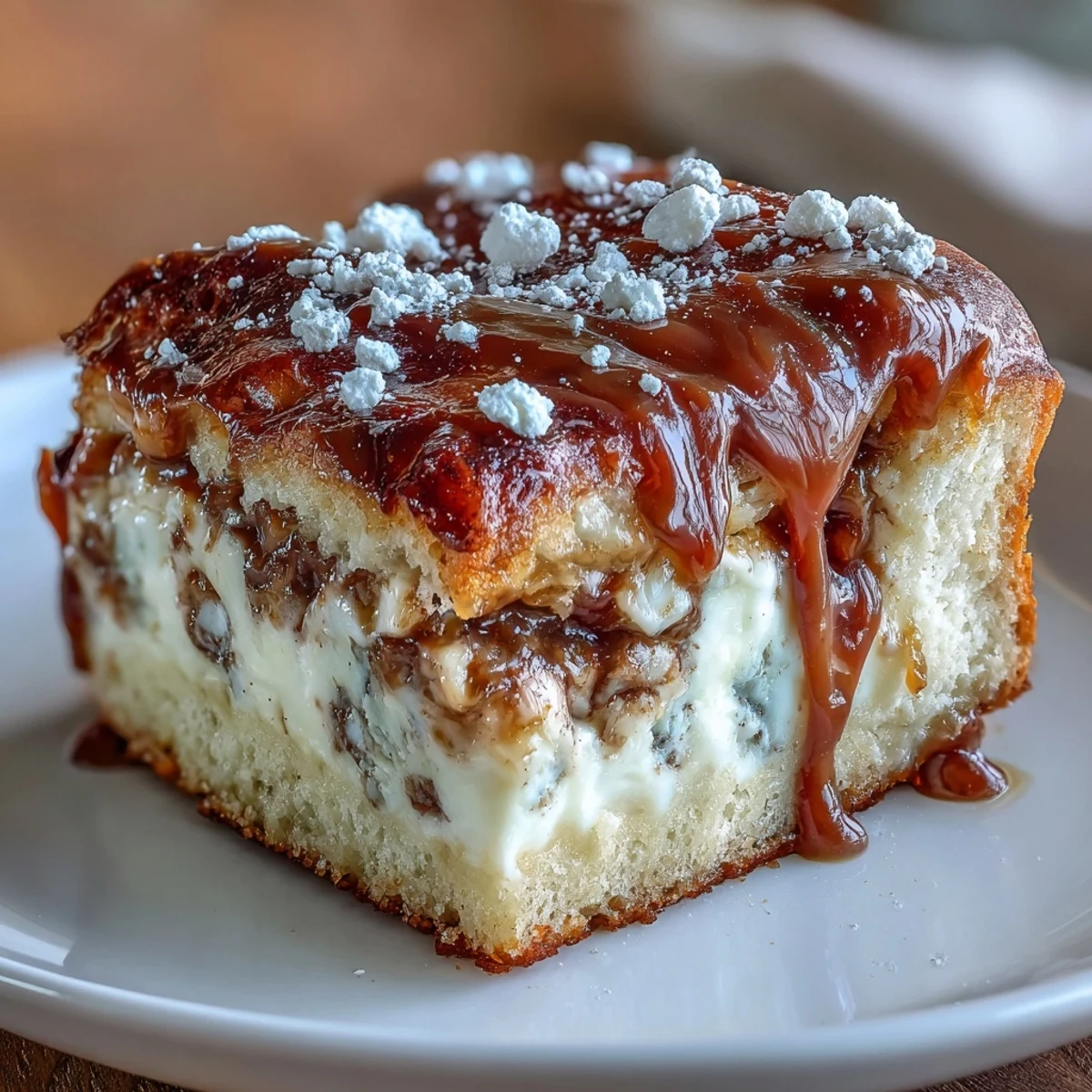 Slices of moist Caramel Cream Cheese Bread reveal a rich cream cheese swirl on a rustic wooden board.