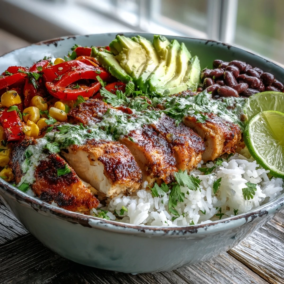 Spicy grilled Cajun Chicken Bowl with tender sliced chicken, colorful vegetables, and fluffy rice, perfect for an easy weeknight dinner.