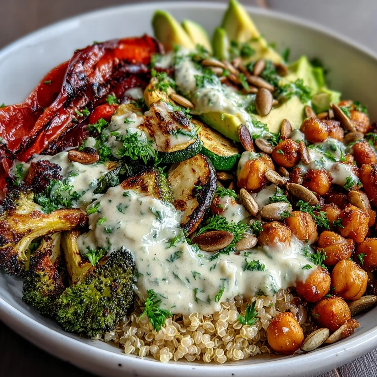 A close-up of a vibrant Vegetable and Legume Bowl with roasted broccoli and chickpeas on fluffy quinoa.