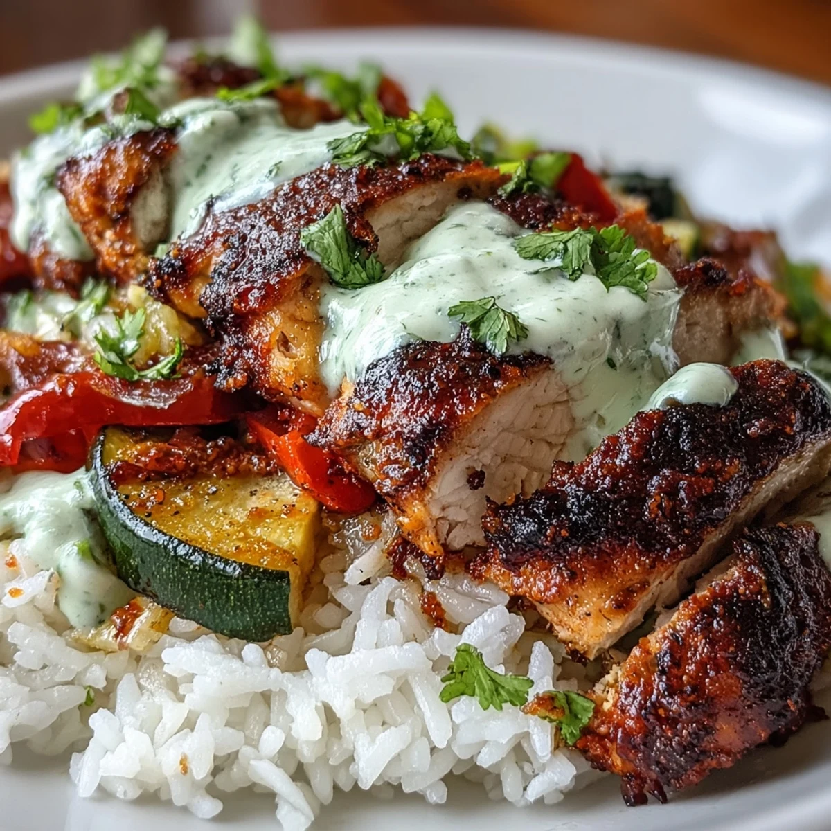 A close-up view of tender, spicy blackened chicken served in a bowl with rice, vegetables, and a dollop of lime crema.