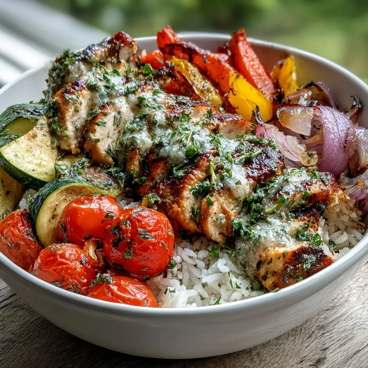 Freshly roasted chicken breast, sliced and fanned over fluffy white rice, drizzled with bright lemon herb dressing.