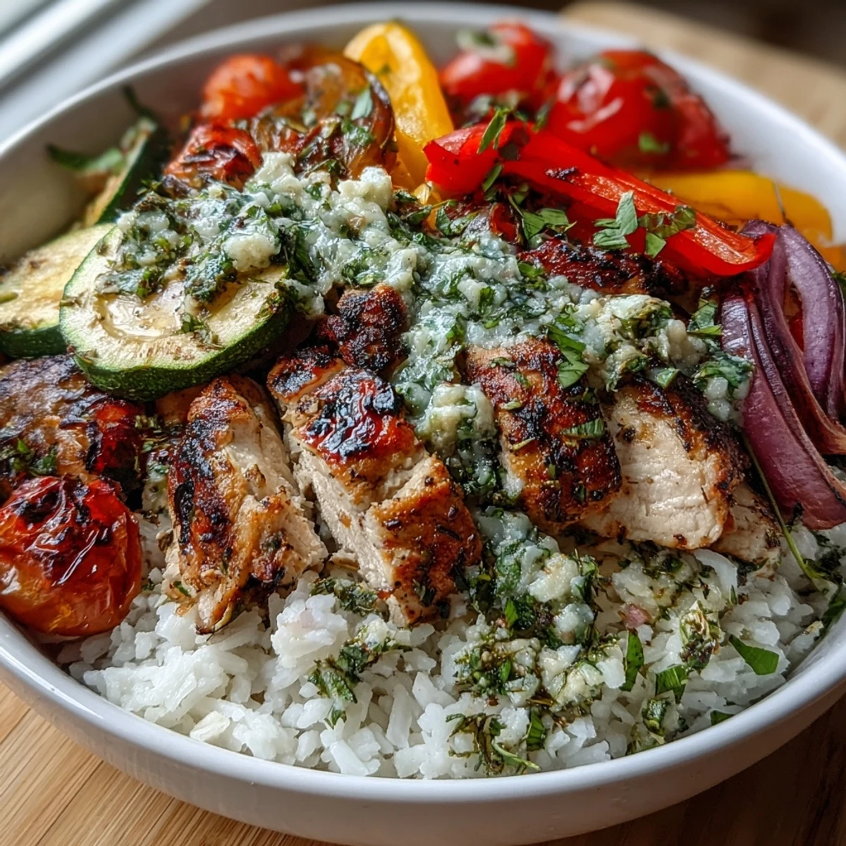 A close-up view of Lemon Herb Roasted Chicken Bowl featuring zucchini, bell peppers, and juicy cherry tomatoes.